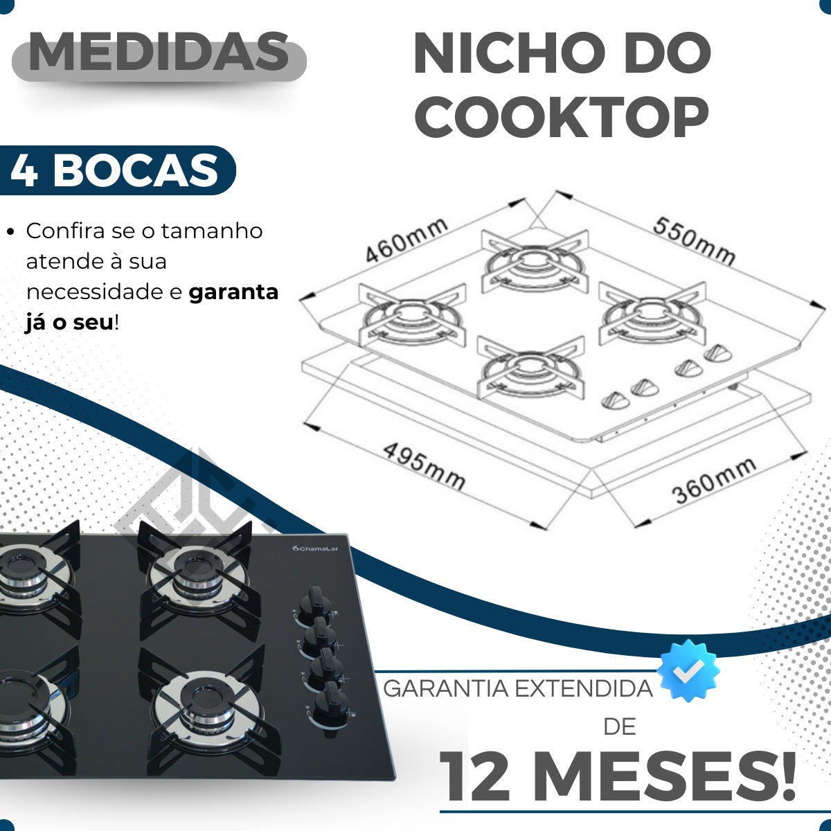 Fogão Cooktop Gás 4 Bocas Ultra Chama 127v/220v Preto