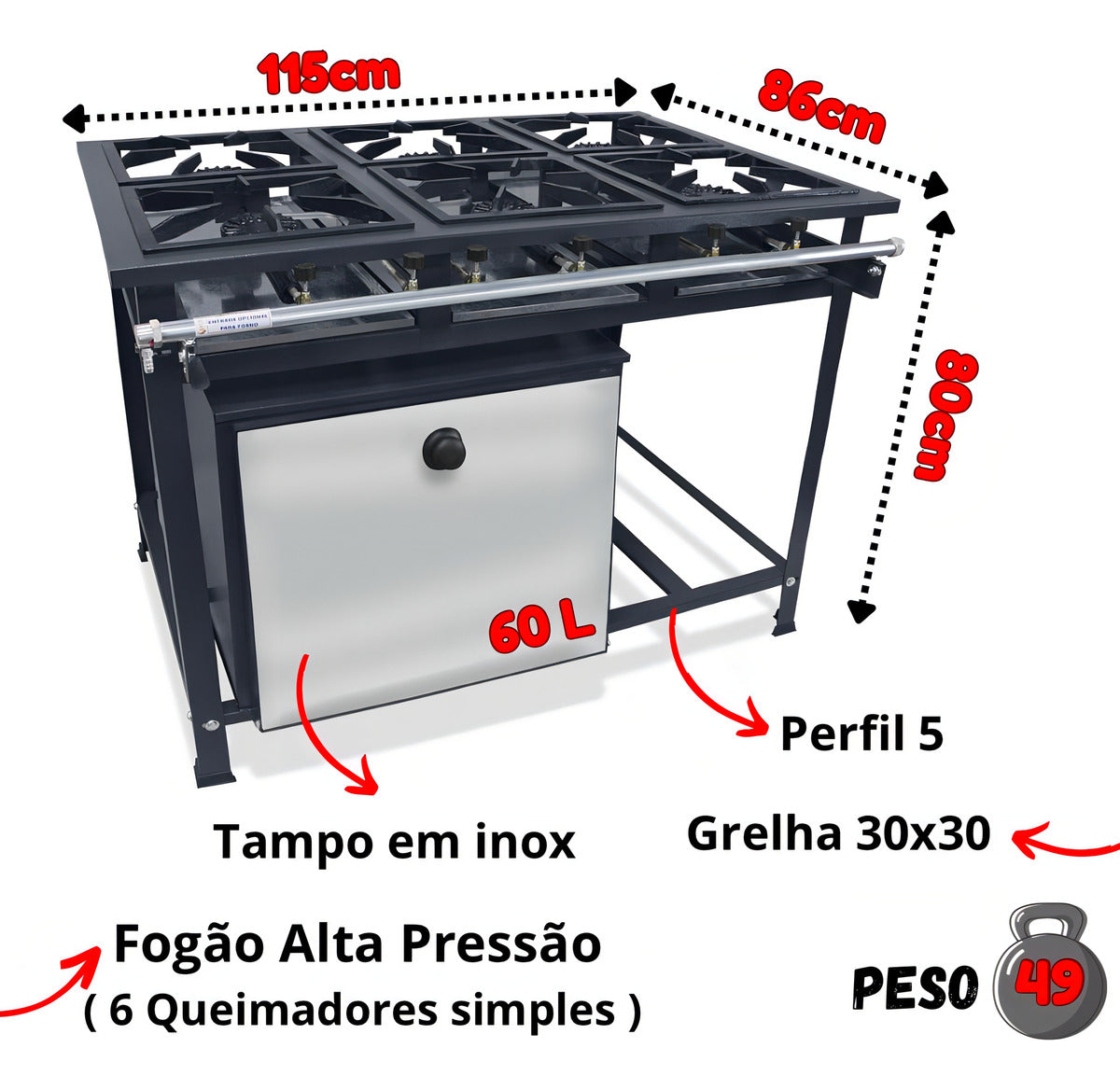 Fogão Industrial 6 Bocas Alta Pressão P5 Com Forno 60 Litros Cor Preto Botijão - ALTA PRESSÃO