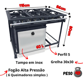 Fogão Industrial 6 Bocas Alta Pressão P5 Com Forno 60 Litros Cor Preto Botijão - ALTA PRESSÃO