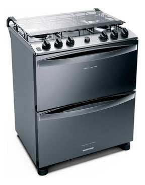 Fogão Brastemp 5 Bocas Duplo Forno Cor Inox Com Botões Remov Tipo de conexão Gás engarrafado 110V