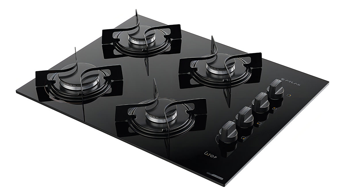 Cooktop 4 Bocas Atlas Preto Com Mesa De Vidro U Top Bivolt 110V/220V