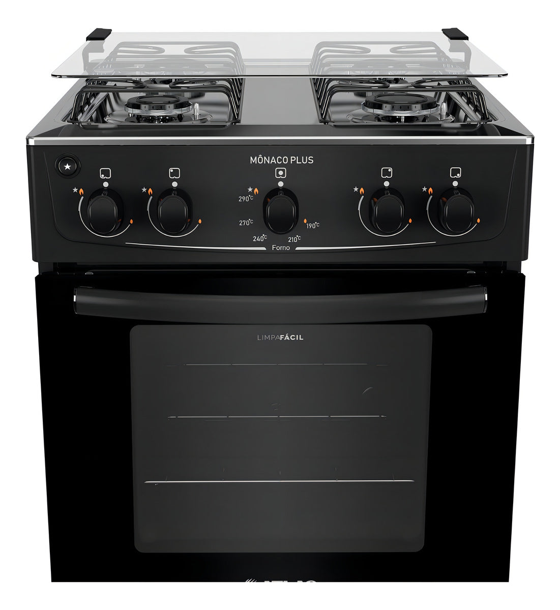 Fogão 4 Bocas Preto com Mesa Inox Atlas Mônaco Plus Bivolt 127V/220V 50Litros