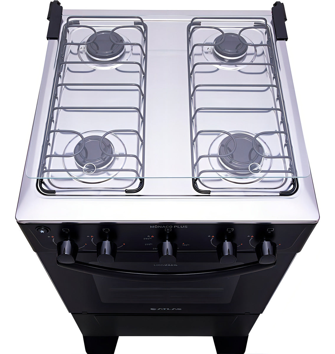 Fogão 4 Bocas Preto com Mesa Inox Atlas Mônaco Plus Bivolt 127V/220V 50Litros