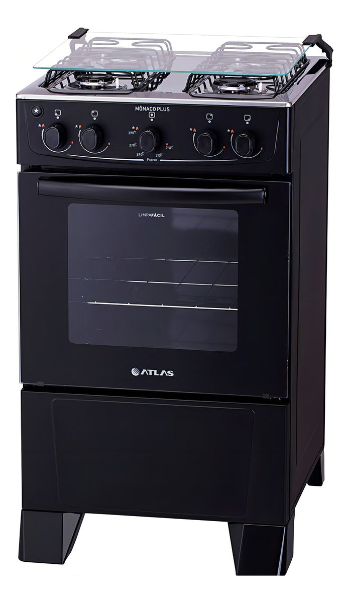 Fogão 4 Bocas Preto com Mesa Inox Atlas Mônaco Plus Bivolt 127V/220V 50Litros