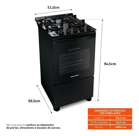 Fogão 4 Bocas Vidro Grade Dupla Bfo4vae Preto Brastemp 110V/220V