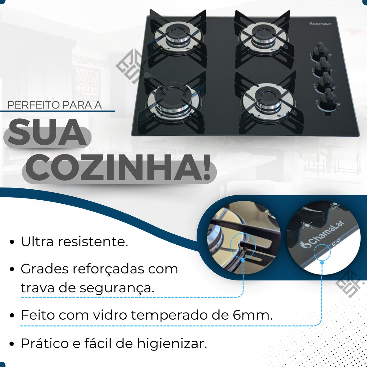 Fogão Cooktop Gás 4 Bocas Ultra Chama 127v/220v Preto